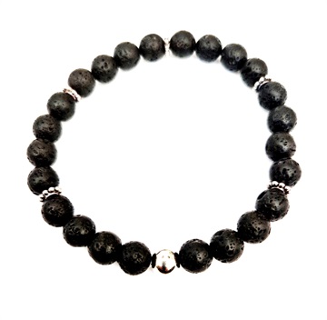 Armbånd - sorte lava perler med forsølvet metal mellemled  